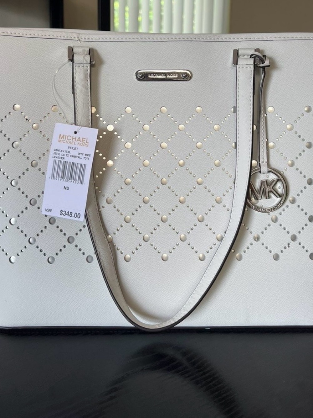 MICHAEL Michael Kors White Perforated Leather Tote with Silver MK Charm